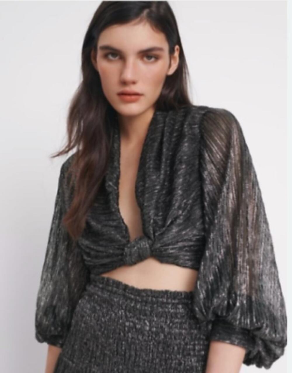 NWT Zara Metallic Lantern Sleeve Crop Top Silver Size XS